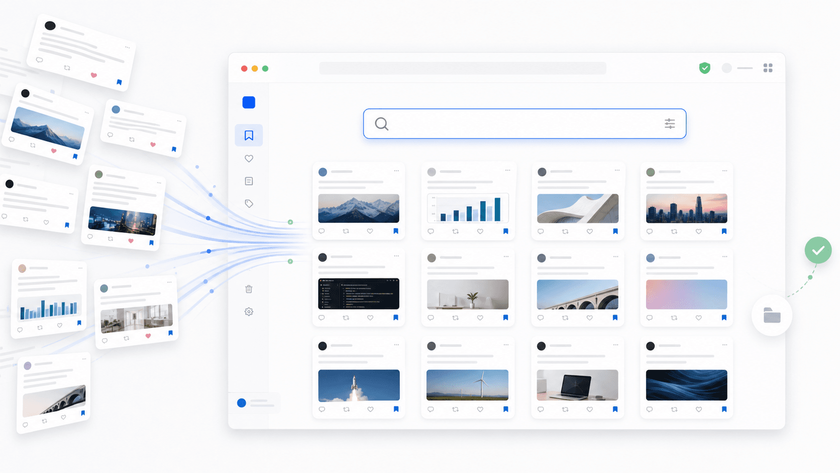 Saved X post cards flowing into a search bar and private library interface.