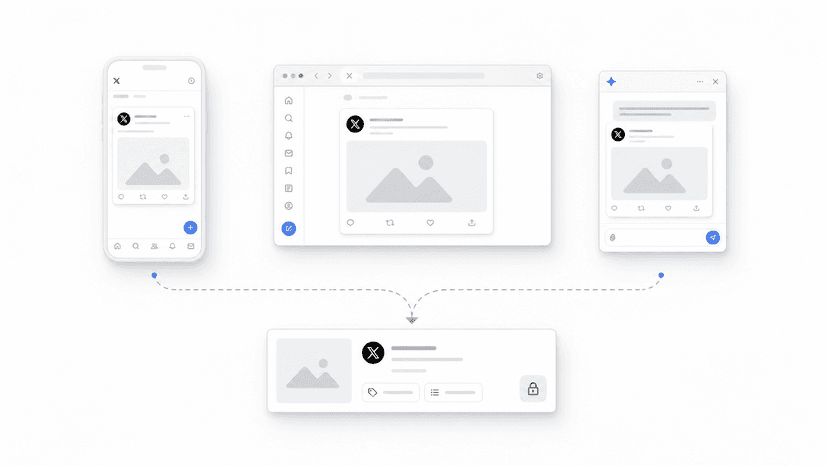 A phone, desktop browser, and connected agent sending one chosen X post into a private Library card.